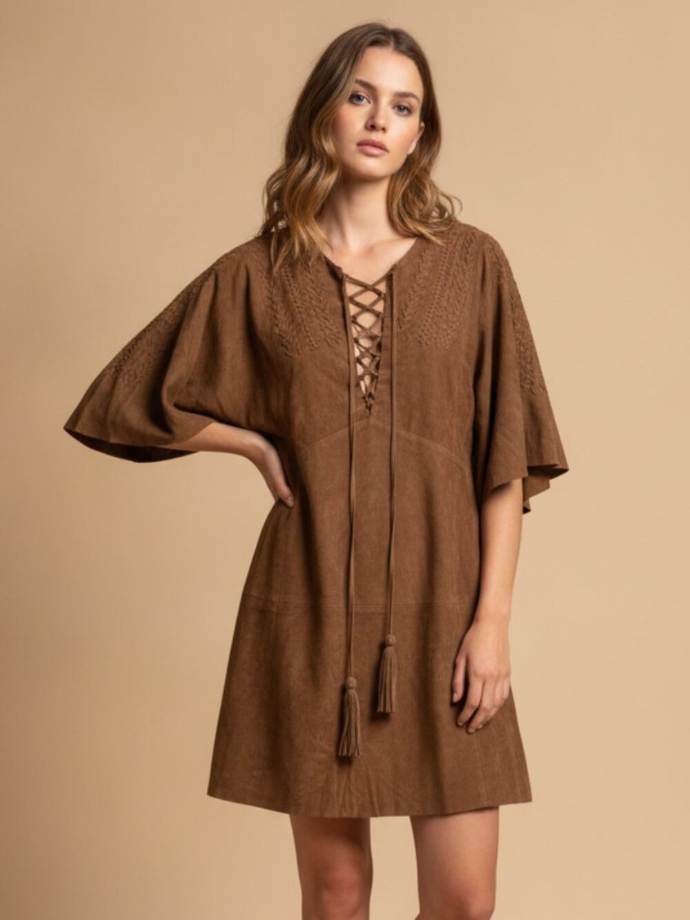 Zara Woman Studio Genuine Goat Suede Lace-Up Tunic Dress